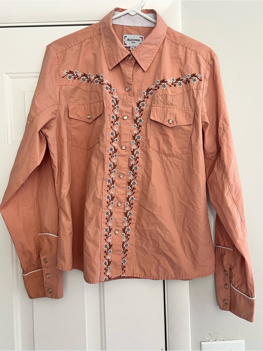 Western-Style Button-Down Shirt in Peach with Embroidery